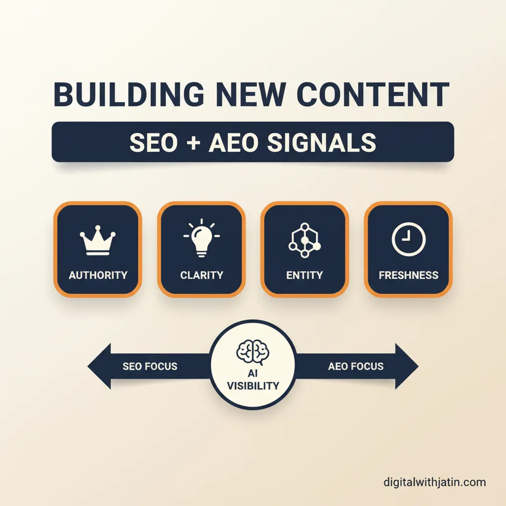 Diagram illustrating building new content for both signals from day one for how to merge seo and aeo for ai visibility