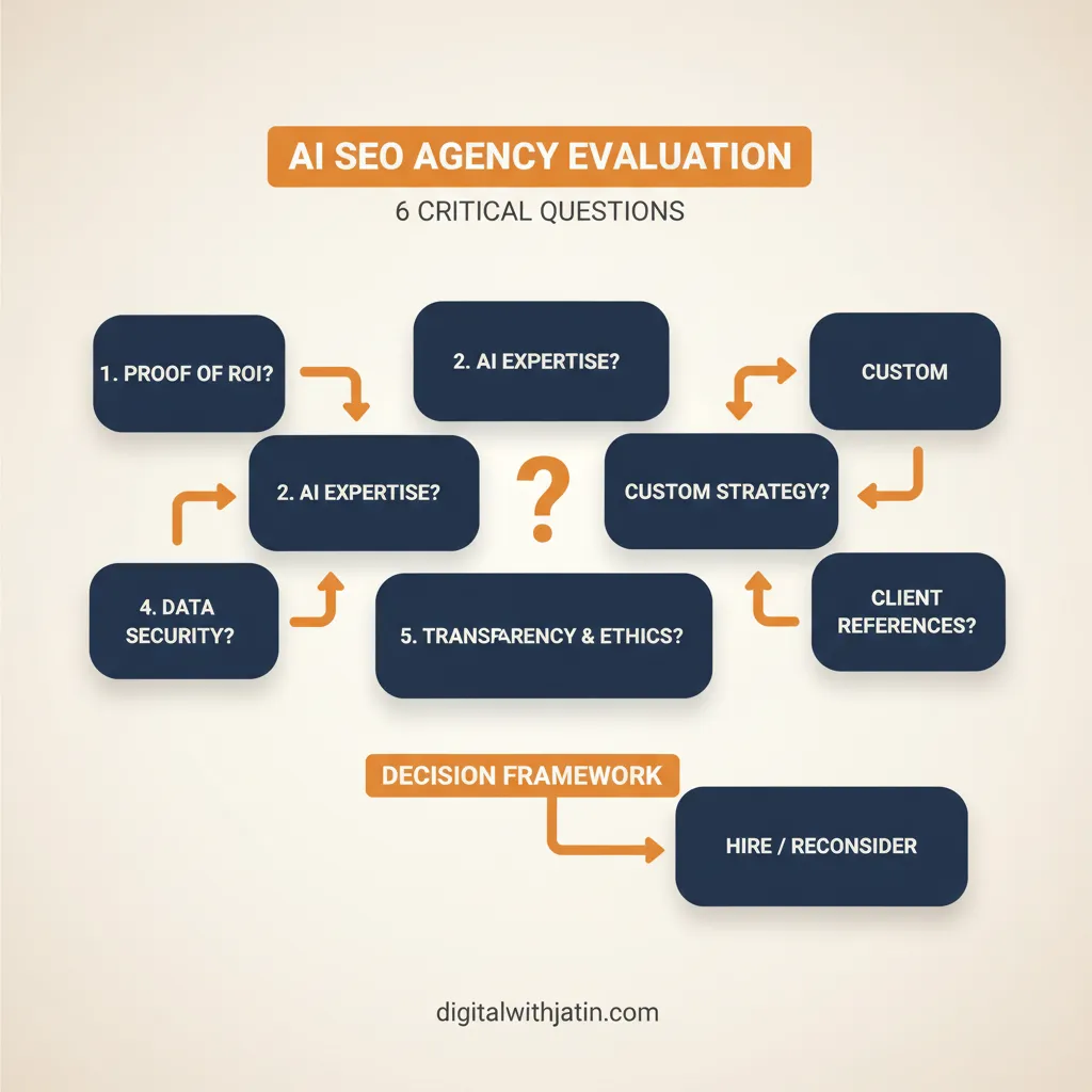 Diagram illustrating 6 questions to ask before hiring an ai seo agency for what is the best ai seo agency